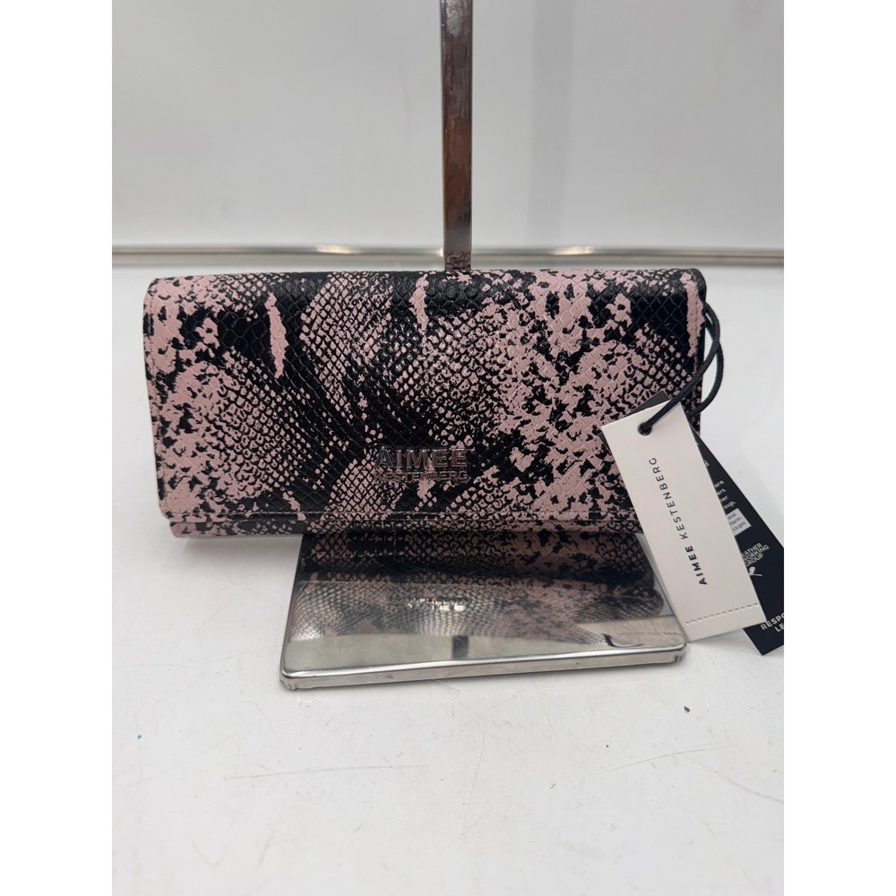 Aimee Kestenberg Pink Snake Print Leather Fold Over Slim Wallet AK6044 NEW